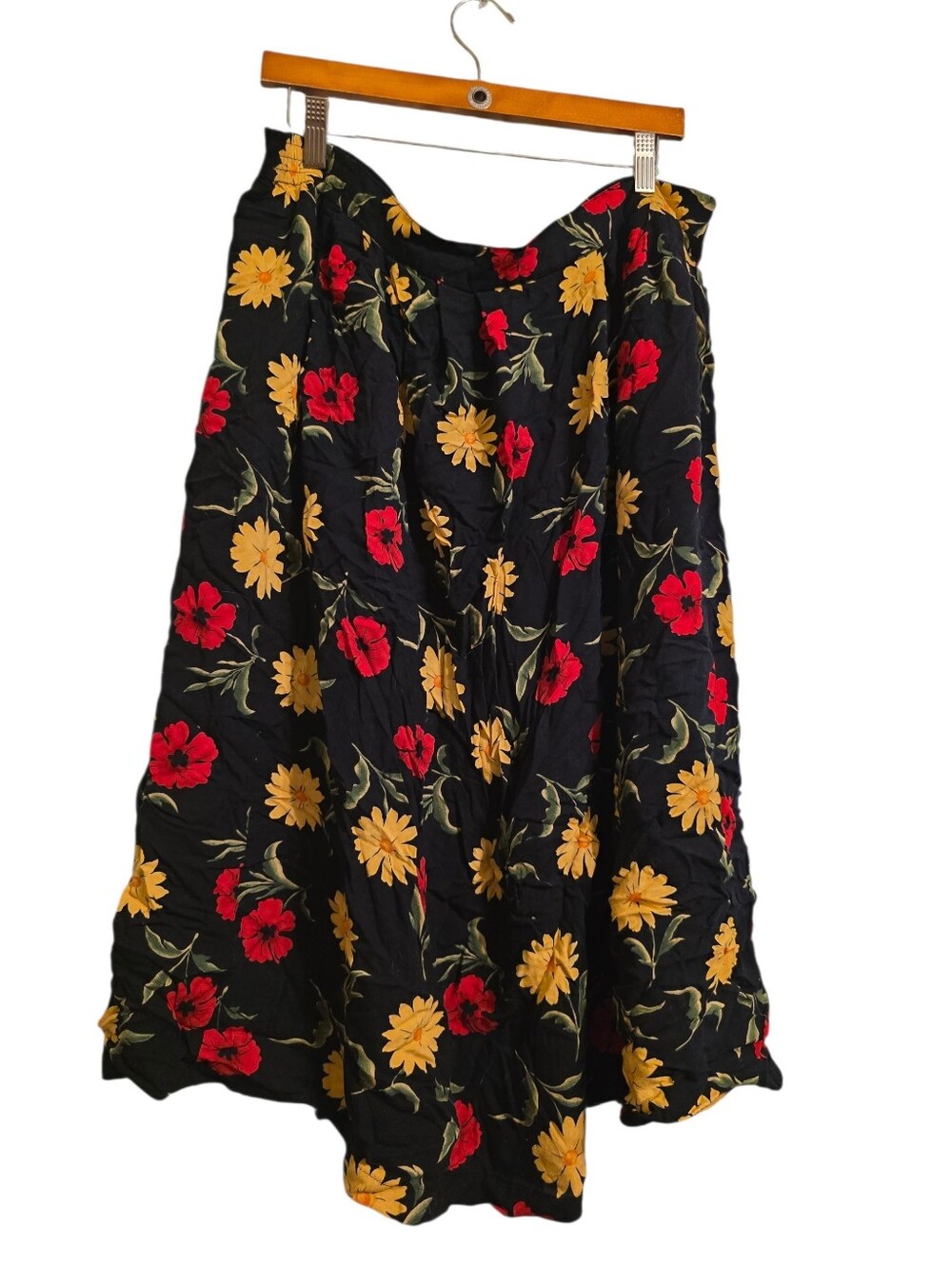 Vintage | Black Floral Midi Skirt with Red and Yellow Blooms